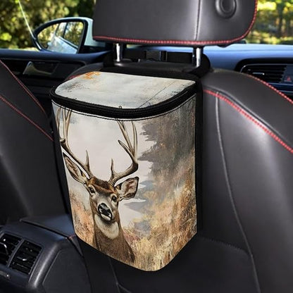 Talayituse Deer Forest Print Car Trash Bin, Large Size Auto Trash Can Adjustable Portable Garbage Can with Lid, Vehicle Hanging Bag for Headrest Front Back Seat
