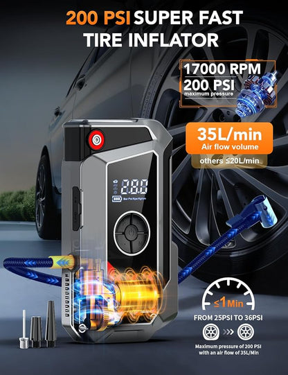 Sharmeal Jump Starter with Air Compressor, 7000A Car Battery Jump Starter (All Gas /12.0L Diesel), 200PSI Jump Starter Power Pack Portable 12V Jump Box with Jumper Cables, LED Light