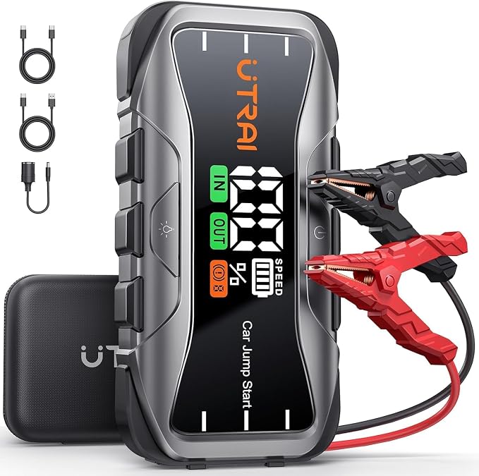 UTRAI 8000A Portable Car Jump Starter, 12V Battery Jumper for All Gas & 12L Diesel Engines, 27000mAh Jump Box with 65W USB-C Fast Charging, 2 USB & DC Output Jump Pack, 600LM LED Flashlight