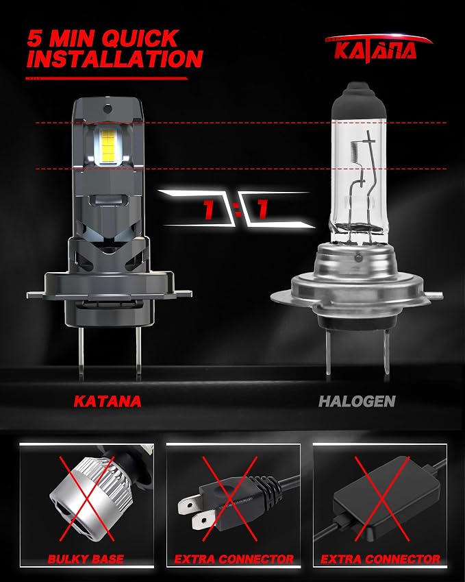 Katana H7 Bulbs, No Adapter Required 400% Brightness 6500K Non-Polarity, Powersports, Pack of 2