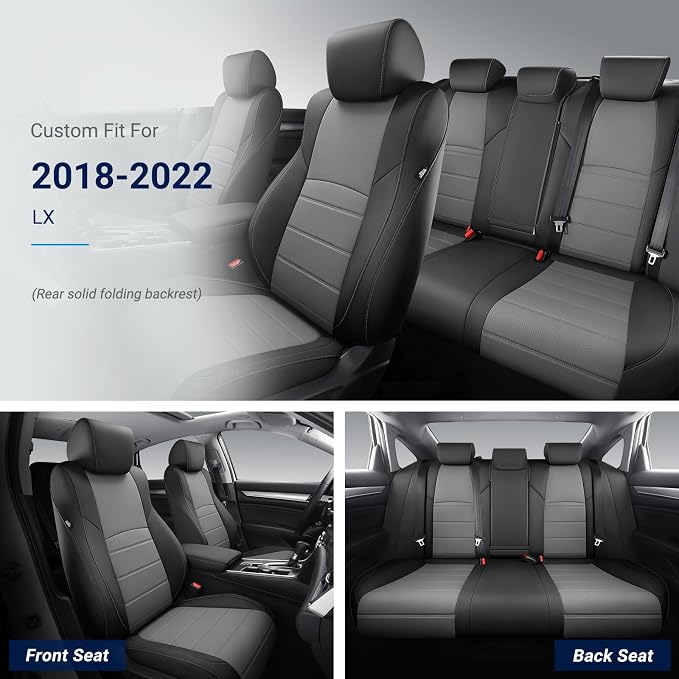 Custom for Honda Accord Seat Covers 2018 2019 2020 2021 2022 LX, Faux Leather Car Seats Cover Full Set (Rear Solid Folding backrest) - Black Grey
