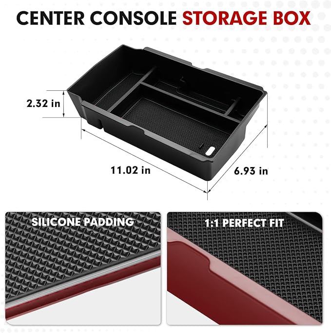 Autorder Center Console Organizer for 2023-2026 Honda CRV Accessories - Armrest Storage Box Middle Console Tray Container with Black & Red Non-Slip Silicone Mats