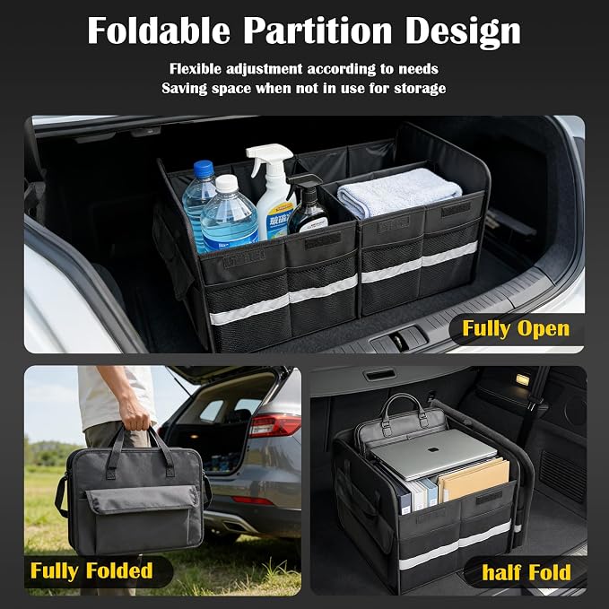 CloudDream Trunk Organizer for Car,70L Large Foldable Waterproof Organizer for SUV,Truck, Van & Sedan,3 Compartments, Black (Black-23.6")