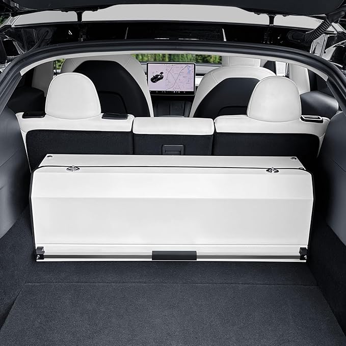 Car Trunk Suv Organizer for 2022-2023 Tesla Model Y (5-Seater), Leather Sturdy Trunk Storage Bin Box, Compartment Foldable Organizer with Lid and Push-pull Handle, White