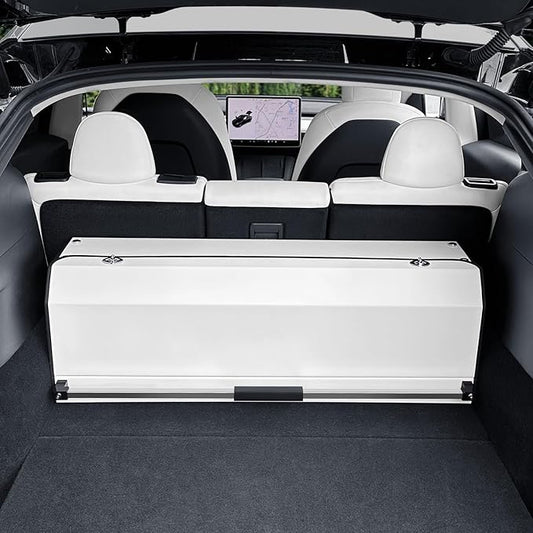 Car Trunk Suv Organizer for 2022-2023 Tesla Model Y (5-Seater), Leather Sturdy Trunk Storage Bin Box, Compartment Foldable Organizer with Lid and Push-pull Handle, White