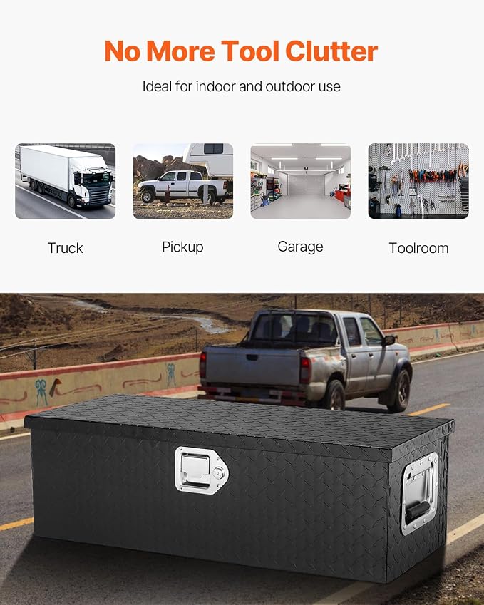 VEVOR Aluminum Truck Bed Tool Box, 30 Inch Heavy Duty Diamond Plate Tool Box with Side Handles, Lock and Keys, Trailer Storage Organizer Chest Box for Pickup, RV, Truck Bed, 30 x 13 x 9.6 in, Black
