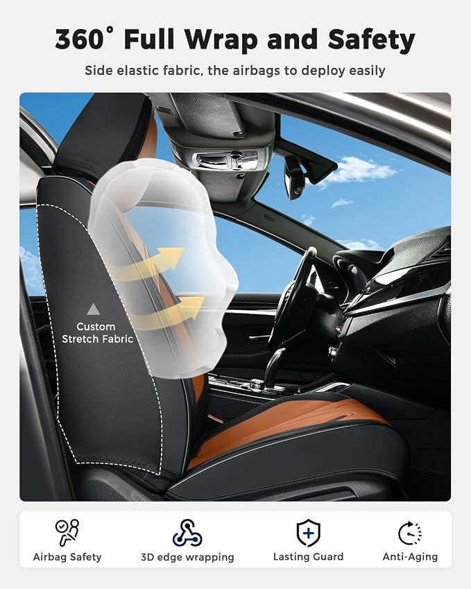 Huidasource Car Seat Covers Full Set, Universal Fit for Most Cars SUV Trucks, Full Coverage Nappa Leather Seat Cover, Airbag, Cupholder Compatible, Velcro Adjustable,Seat Function Retain, Black&Brown