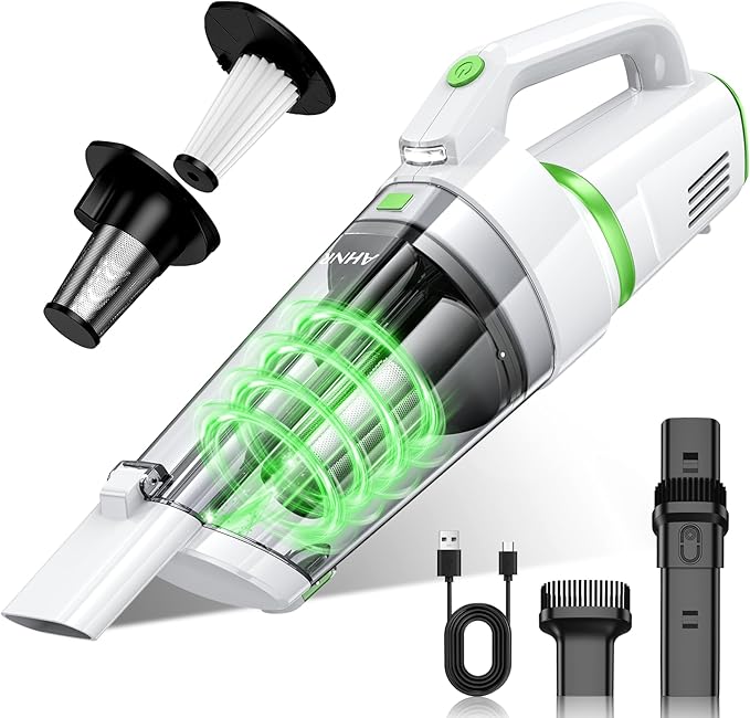 AHNR Handheld Vacuum Cordless, 16000PA Powerful Suction Hand Held Vacuum Cordless Rechargeable with LED Light & 2 HEPA Filters, Portable Car Vacuum Cleaner High Power for Car Home Office