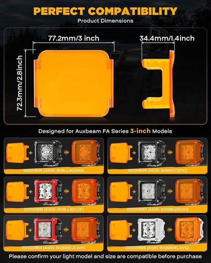 Auxbeam FA Series 3 Inch Deep Amber Light Covers 2300K Dark Amber Tone Cube Offroad Lights Lens Cap Smoked Tint for Fog Dust Rain Snow, 2 Packs