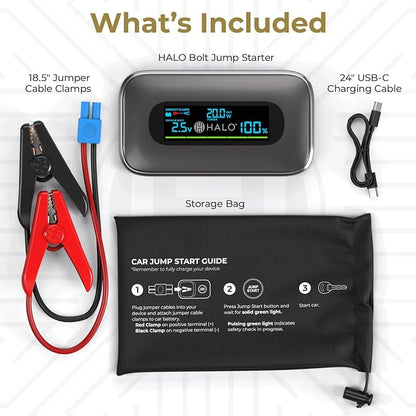 Halo Bolt 1500A Car Battery Jump Starter with Large Digital Screen, Portable 12V Lithium Battery Jump Starter, Portable Power Bank, 3-Mode LED Flashlight, Safe & Simple Design, TSA Approved - Green