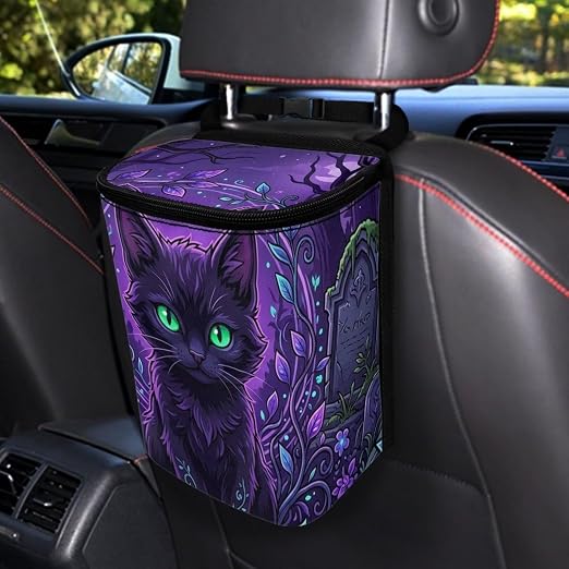 Talayituse Purple Cat Forest Leaf Print Car Trash Can Portable Auto Garbage Bin Multifunctional Vehicle Interior Accessories with Adjustable Straps Universal Fit Truck SUV Sedan