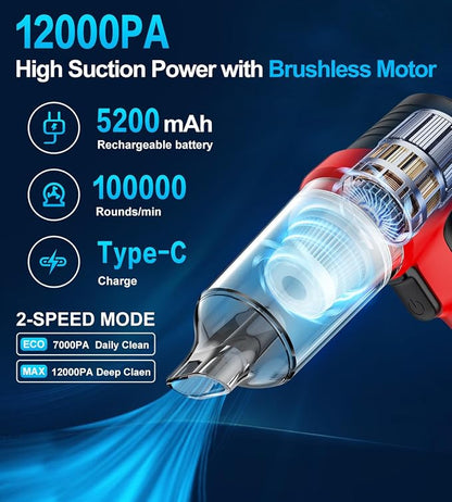 Car Vacuum Portable Cordless, 4 in 1 Mini Vacuum Cleaner Hight Power, 12000Pa Powerful Suction, Air Duster, Dual Filter,Adjustable Small Vaccum Portable Cordless for Car, Home, Pet, Office