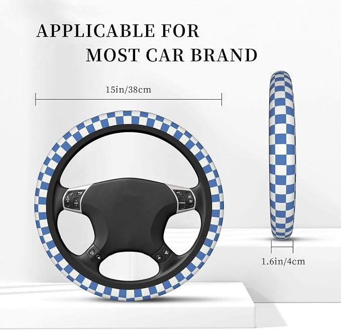 Blue Checkered Steering Wheel Cover for Women, Universal Auto Steering Wheel 14-15 Inch Car Interior Accessories with 2PCS Car Coasters, Suitable for Men and Women