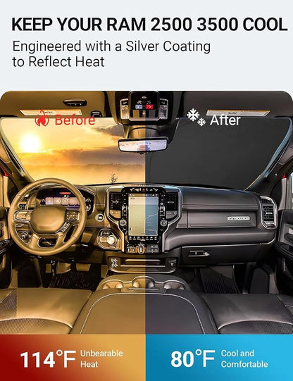 Proadsy 2026 Upgrade Windshield Sun Shade Custom Fit Dodge RAM 2500 3500 2010-2025 2026 4-Layer Foldable Front Sunshade Protector Sun Visor Blocks UV Rays Keep Car Cooler