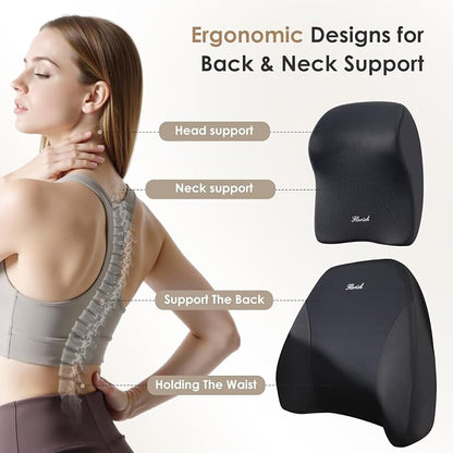 FLORICH Upgrade Lumbar Support and Car Neck Pillow, Back Support and Headrest Pillow for Car Seat Driver, Memory Foam Back Neck Support Pillow and Car Seat Lumbar Support for Car Office Chair - Black