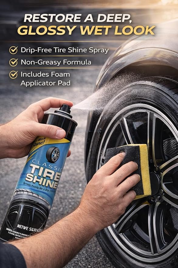 Tire Shine Spray 3 Pack High Gloss Wet Look UV Protection 15oz w/Pad | Professional-grade formula resists water and rain. Safe for all rubber types. Prevents cracking and fading from sun damage.