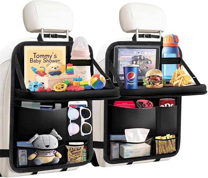 TCJJ Car Seat Organiser, Backseat Car Organizer for Kids, Car Backseat Seat Kick Protector With Tray and Touch Screen Tablet Storage Pockets Black/2 Pack