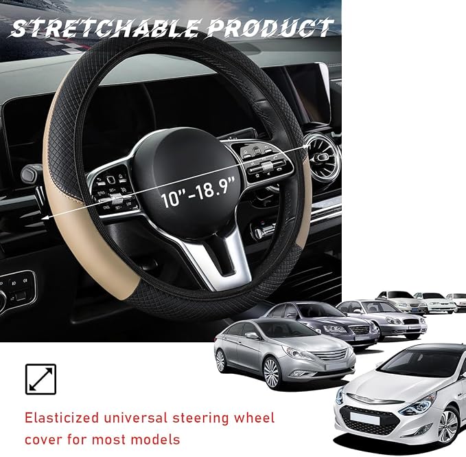 povtii Car Steering Wheel Cover, 15 Inch Leather Breathable Auto Steering Wheel Protector, Comfortable Non-Slip Vehicle Steering Wheel Covers, Universal Interior Car Accessories (Beige, AD)