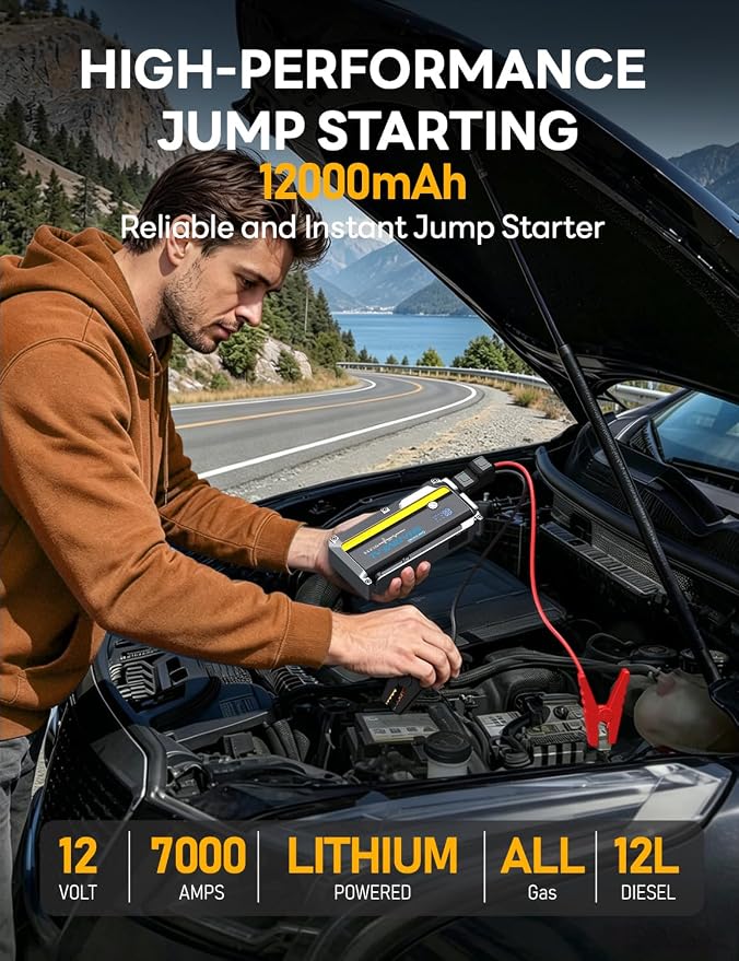 Sharmeal 7000A Car Battery Jump Starter, 12000mAh Car Jumper Starter Battery Pack for Up to All Gas & 12.0L Diesel Engines, 12V Portable Jump Box with 3 Modes Flashlight and Jumper Cable