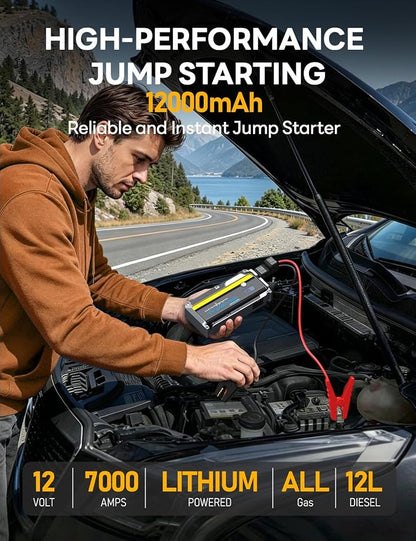 Sharmeal 7000A Car Battery Jump Starter, 12000mAh Car Jumper Starter Battery Pack for Up to All Gas & 12.0L Diesel Engines, 12V Portable Jump Box with 3 Modes Flashlight and Jumper Cable