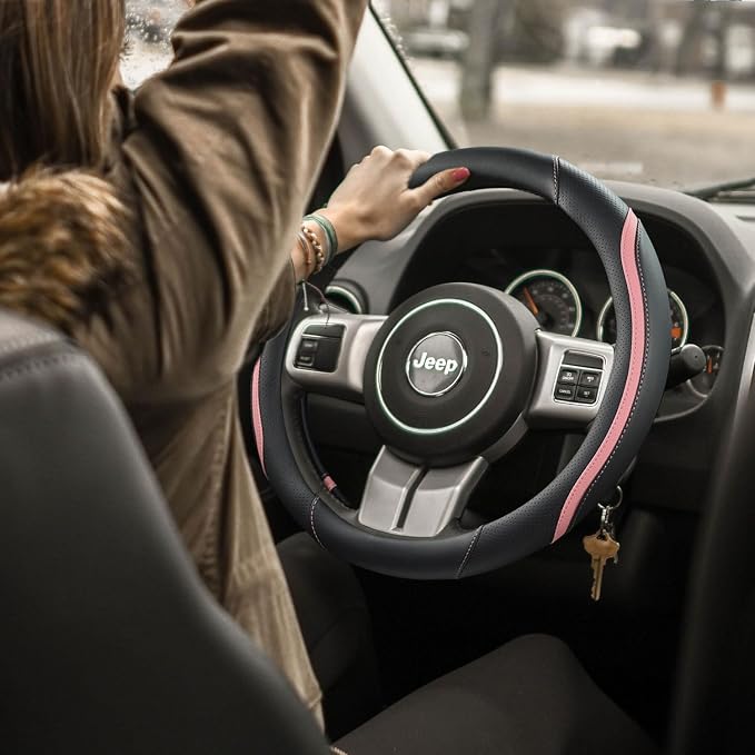 Car Steering Wheel Cover, Leather Steering Wheel Cover Pink Universal 14.5-15 Inch Microfiber Leather Anti-Slip Breathable Auto Steering Wheel Covers for Men Women (Black&Pink)