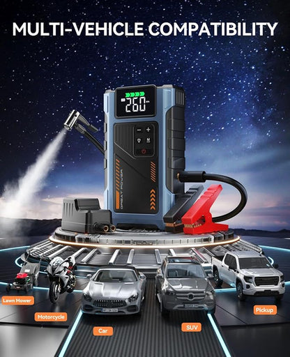 Car Battery Charger Jump Starter with Air Compressor, 4500A Jump Box for Car Battery Portable Jumper Cables with Battery Pack, 12V Jumpstart Combo 150PSI Tire Inflator Air Pump (8.5L Gas/7.0L Diesel)