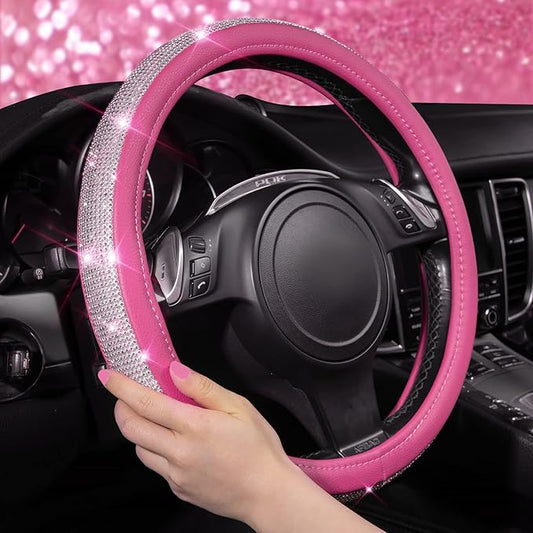CAR PASS Diamond Pink Leather Steering Wheel Cover, with Bling Crystal Rhinestones Universal Fit 14" 1/2-15" Crystal Glitter for Women Sparkle Girl Fit Suvs,Vans,Sedans,Cars,Trucks, Pink Diamond