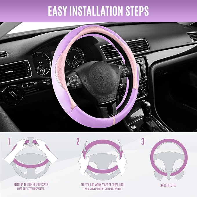 PIC AUTO Steering Wheel Cover, Pink Patterned & Light Purple Leather Patchwork Design, Universal Fit 14.5"–15.5", Anti-Slip, Soft PU Grain Leather, Durable Grip Car Accessory for Girls & Women