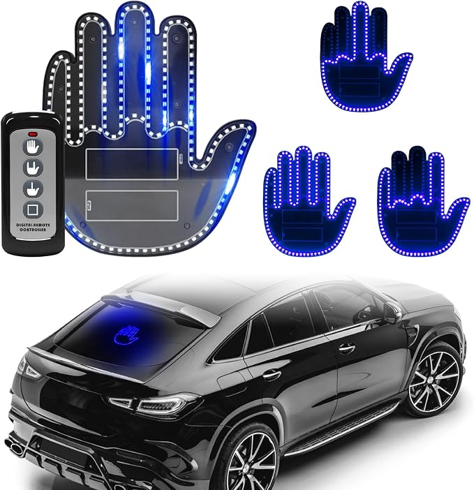 DIBMS Hand Gesture Light with Remote, Red LED Finger Funny Window Sign Light Accessories for Car Truck (Blue)