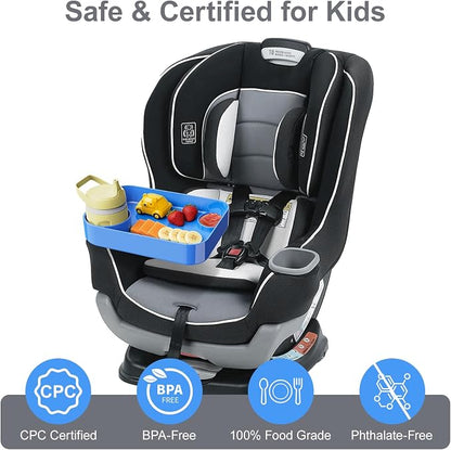 Car Seat Snack Tray for Toddlers - 3 Inch Cup Holder Fits Most Sippy Cups & Straw Bottles with Dip Well, Mess-Free Square Kids Travel Tray Road Trip Essentials, Blue