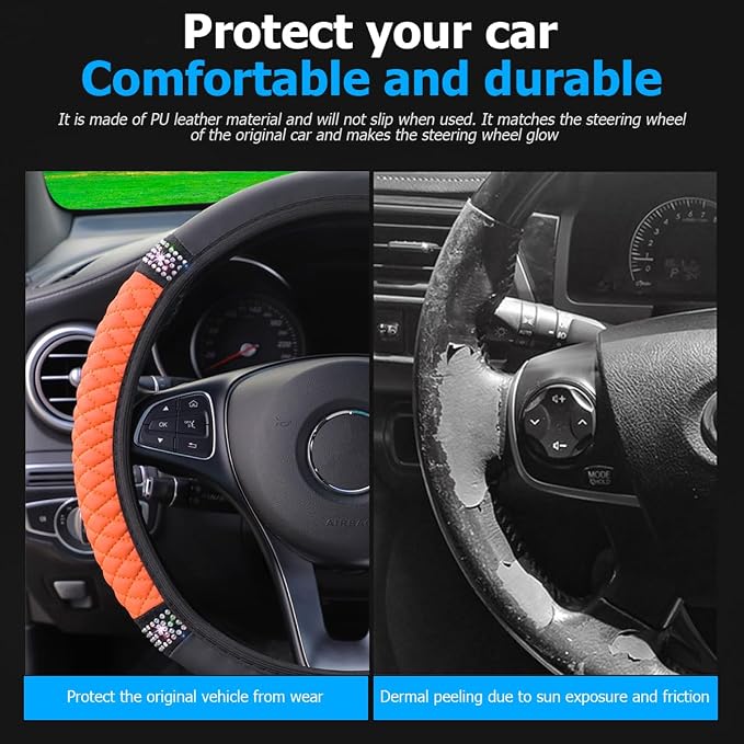 Osilly Bling Car Steering Wheel Cover, 15 Inch Rhinestones Soft Leather Elastic Steering Wheel Protector, Sparkly Crystal Diamond for Women Girls (Orange)