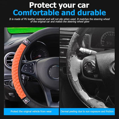 Osilly Bling Car Steering Wheel Cover, 15 Inch Rhinestones Soft Leather Elastic Steering Wheel Protector, Sparkly Crystal Diamond for Women Girls (Orange)