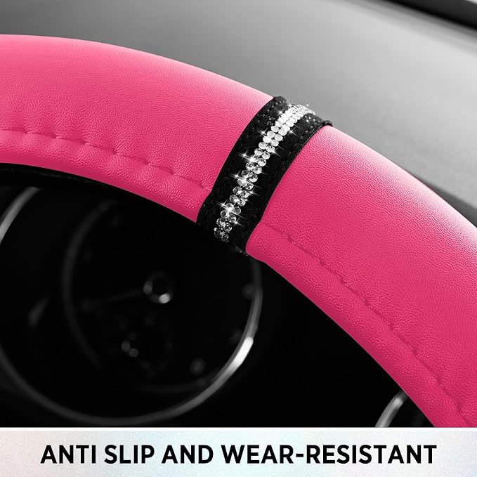 Road Comforts Leopard Steering Wheel Cover for Women, Cute Anti-Slip Microfiber Leather, Fits D Shape Flat Bottom Steering Wheel 14.5-15 Inch - HotPink