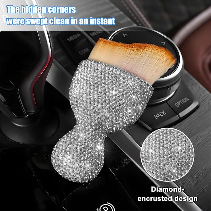 Bling Car Detailing Brush, Crystal Rhinestone Non-Scratch Vehicle Cleaning Dust Brush for Air Vent & Dashboard, Soft Bristles Automotive Interior Cleaning Tool, Universal Fit (White)