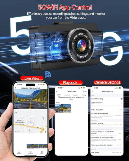 Dash Cam Front and Rear, 4K Full HD Dual Dash Camera for Cars W/ 64GB Card Included, Built-in 5G WiFi, Car Camera Dashcams for Cars with Night Vision, Parking Monitor, WDR, Emergency Lock
