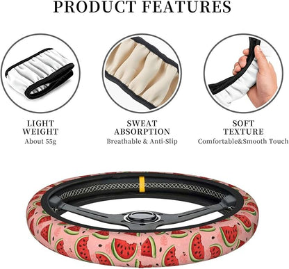Cute Watermelon Steering Wheel Cover for Women,Universal Auto Steering Wheel 14-15 Inch Car Interior Accessories with 2PCS Car Coasters,Suitable for Men and Women