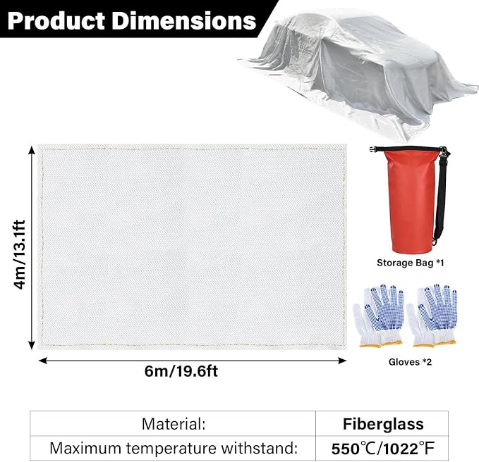 Fires Blankets for Cars 19.6’ x 13.1’EV Thermal Runaway Cover with 2 Pairs Adhesive‑Coated Gloves Storage Bag Quick Deployment for Engine Fires & Accidents