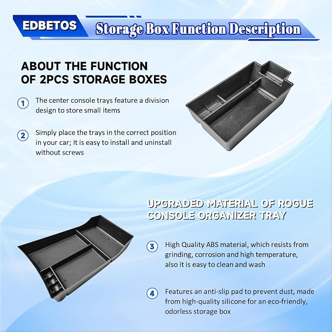EDBETOS 2PCS/Set Center Console Organizer Compatible with Nissan Rogue 2021-2023 2024 2025 2026 Interior Accessories Lower Console Armrest Secondary Storage Box Pallet Middle Insert Tray Black ABS