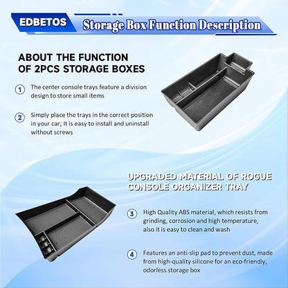 EDBETOS 2PCS/Set Center Console Organizer Compatible with Nissan Rogue 2021-2023 2024 2025 2026 Interior Accessories Lower Console Armrest Secondary Storage Box Pallet Middle Insert Tray Black ABS