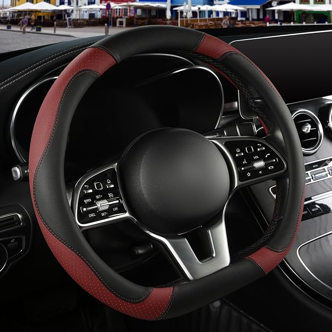 Microfiber Leather D Shaped Steering Wheel Cover, Breathable, Anti Slip, 13.5 inch to 14 inch, Black with Burgundy