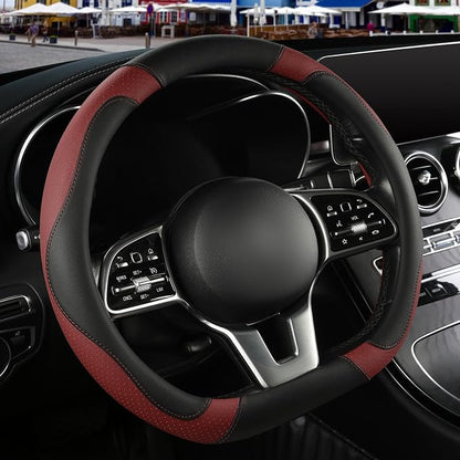 Microfiber Leather D Shaped Steering Wheel Cover, Breathable, Anti Slip, 13.5 inch to 14 inch, Black with Burgundy