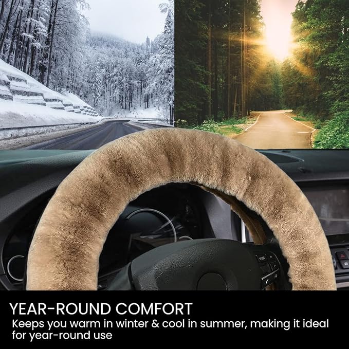 Andalus Brands Luxury Fluffy Car Steering Wheel Covers – Genuine Merino Sheepskin, Soft Fuzzy Car Steering Wheel Cover for Women, Universal 14.5-15" Size, Plush Fur Cute Auto Accessories, Tan