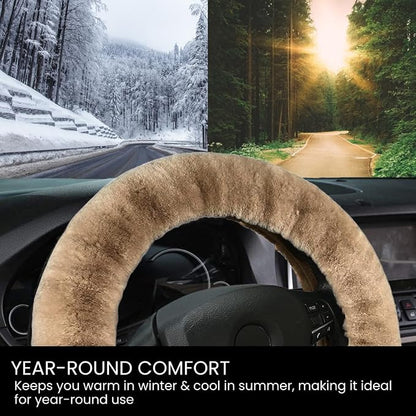 Andalus Brands Luxury Fluffy Car Steering Wheel Covers – Genuine Merino Sheepskin, Soft Fuzzy Car Steering Wheel Cover for Women, Universal 14.5-15" Size, Plush Fur Cute Auto Accessories, Tan