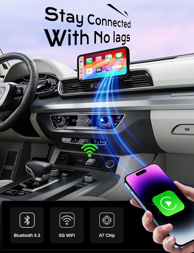 2-in-1 Wireless CarPlay Adapter 2026 Support Apple CarPlay & Android Auto, Fast Auto-Connect, No Latency, Mini Bluetooth Dongle Convert Wired to Wireless Compatible with iPhone & Android Silver U3