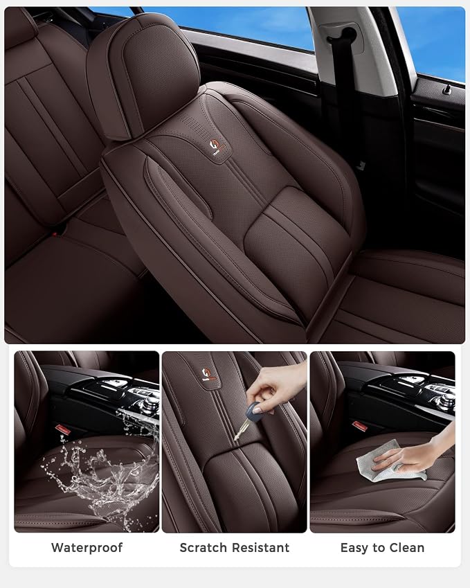 Huidasource Coffee Front Seat Cover Luxury Nappa Leather, Front Car Seat Cover with Airbag, Front Storage Pocket, Lumbar Support, Cooling＆Heating, Universal Fit for Most Cars SUV Trucks, Coffee