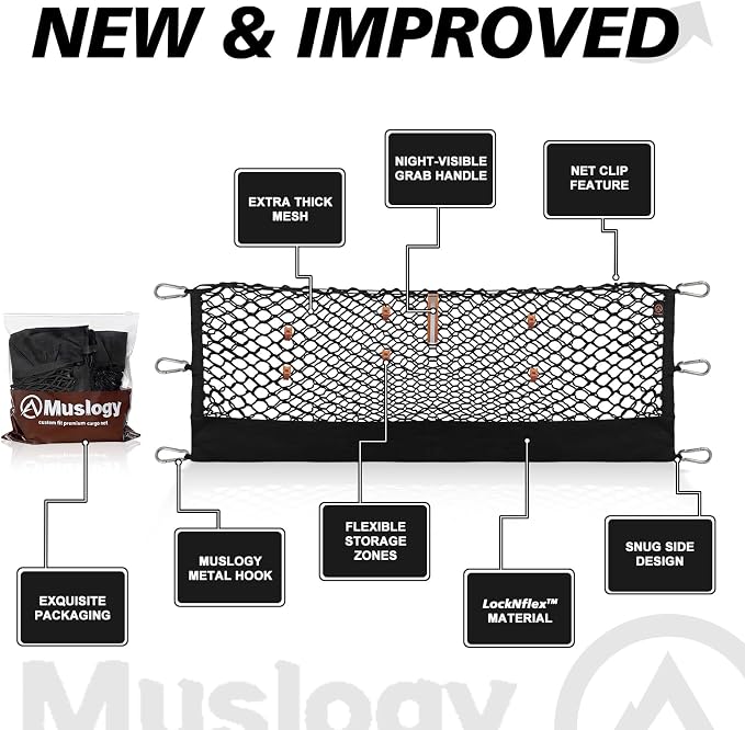 Muslogy Truck Bed Cargo Net Trunk Netting Compatible with 2013-2026 Chevy Silverado & GMC Sierra 1500/2500HD/3500HD Accessories, Pickup Cargo Organizer SUV Sedan Storage Net w/Heavy Duty Carabiners