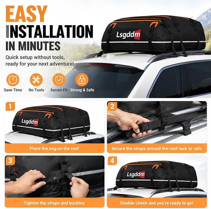 Car Roof Cargo Carrier 15/21 Cubic Feet – Extra Storage for Travel, Waterproof Rooftop Bag, Fits All Vehicles with or Without Roof Rack (15 Cu Ft)
