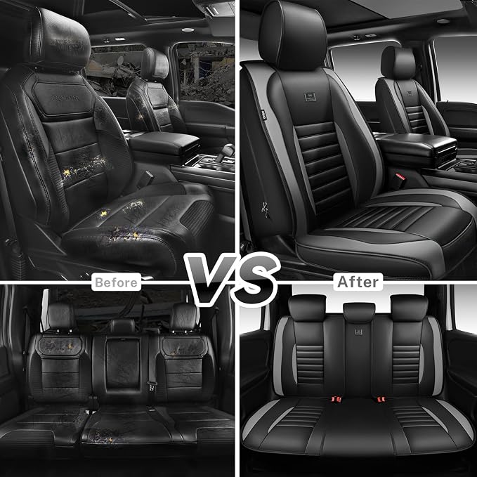 CAR PASS Nappa Leather Car Seat Covers Full Set, Luxury Seat Protector for Cars, Waterproof Anti-Slip Seat Cushion Armrest Compatible Airbag Universal for Sedan SUV Pick-up Truck Auto, Black Gray