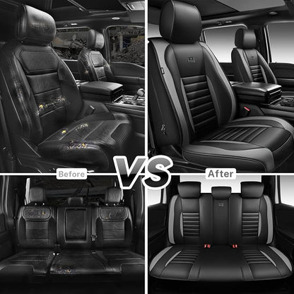 CAR PASS Nappa Leather Car Seat Covers Full Set, Luxury Seat Protector for Cars, Waterproof Anti-Slip Seat Cushion Armrest Compatible Airbag Universal for Sedan SUV Pick-up Truck Auto, Black Gray