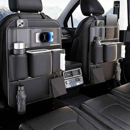 Leather Car Seat Back Organizer, Backseat Kick Mat Protector with Clear Touchscreen Tablet Holder, Cup Holder, Tissue Holder and Storage Pockets, Fits Cars SUVs Minivans, Black